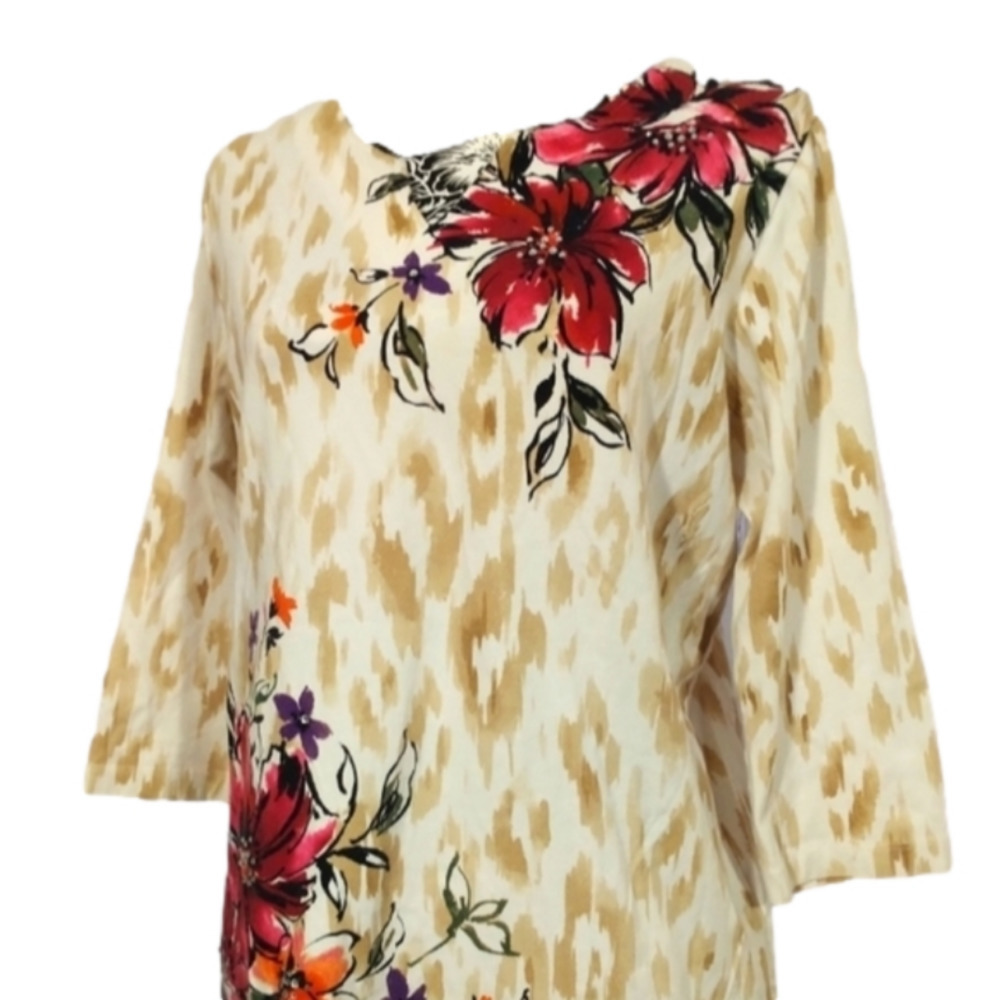 Alfred Dunner Leopard Floral Embellished Tunic Top Small
